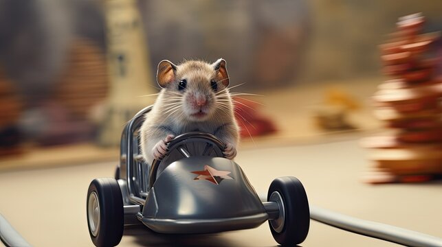 Hamster sitting behind the wheel and racing mini cars