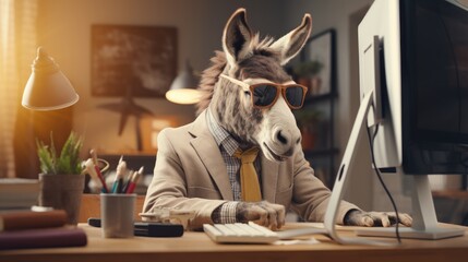 A donkey sitting at a computer creating his own website - obrazy, fototapety, plakaty