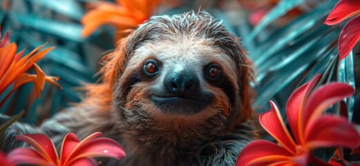 Fototapeta premium a close up of a sloth in a bunch of flowers with a smile on it's face and eyes.