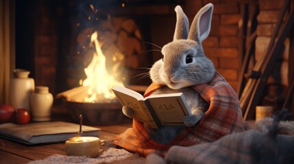 A rabbit sitting by the fire and reading a book in warm pajamas - obrazy, fototapety, plakaty