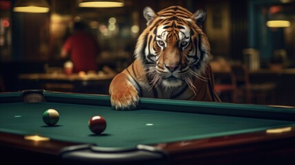 A tiger competing in a billiards competition at a local club