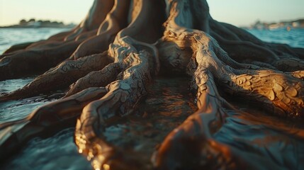  a close up of the roots of a tree near a body of water with a boat in the distance in the distance.