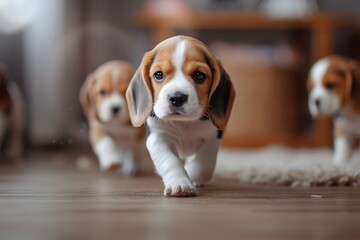 Playful Beagle Puppies Running in a Cozy Home Interior