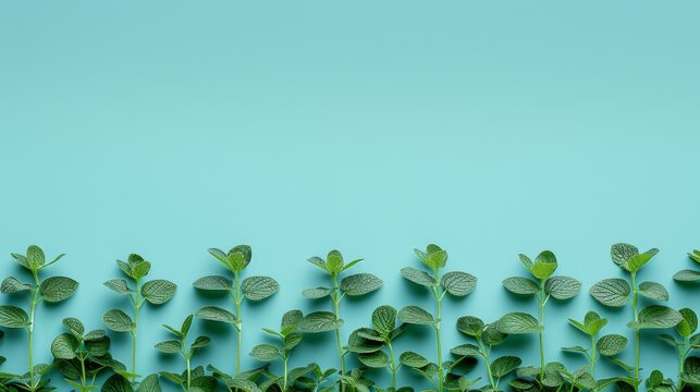  a group of green plants on a blue background with a place for a text or a picture to put on a wall.