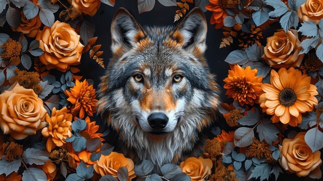 a close up of a wolf surrounded by orange flowers and leaves with orange roses on the bottom of the picture.