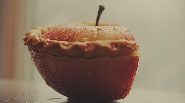  a close up of an apple with a bite taken out of the top of it and water droplets on the bottom of the apple.