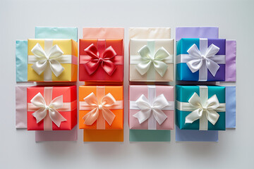 A captivating central composition of multi-sized, rainbow-colored gift boxes with elegant white bows. AI Generated