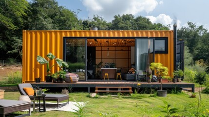 Modern shipping container house home, tiny house in sunny day. Shipping container houses is sustainable, eco-friendly living accommodation or holiday home