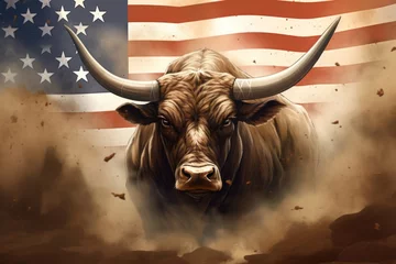 Schilderijen op glas A large bull against the background of the American flag as a symbol of the state of Texas. Revolution or bullfight concept © Sunny