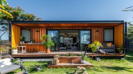 Modern shipping container house home, tiny house in sunny day. Shipping container houses is sustainable, eco-friendly living accommodation or holiday home