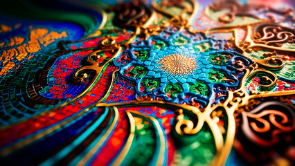 A stunning vibrant, colorful Islamic ornamental background. The design features intricate mosaic patterns