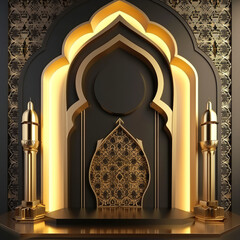 Luxurious Ramadan celebration with an Islamic architecture background in a light black and bronze style. Featuring luxurious wall hangings, light beige and yellow accents, charismatic elements, award-