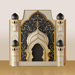 Luxurious Ramadan celebration with an Islamic architecture background in a light black and bronze style. Featuring luxurious wall hangings, light beige and yellow accents, charismatic elements, award-
