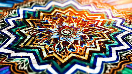 A stunning vibrant, colorful Islamic ornamental background. The mosaic design is intricately detailed, featuring a harmonious blend of geometric shapes and patterns, including stars