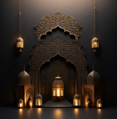 Luxurious Ramadan celebration with an Islamic architecture background in a light black and bronze style. Featuring luxurious wall hangings, light beige and yellow accents, charismatic elements, award-