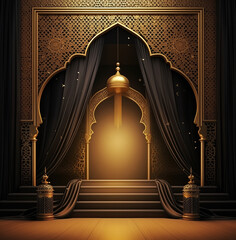 Luxurious Ramadan celebration with an Islamic architecture background in a light black and bronze style. Featuring luxurious wall hangings, light beige and yellow accents, charismatic elements, award-