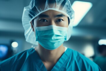 Portrait of asian man doctor medical worker in surgical clothing in an operating room, concept of surgery and professionalism in the medical field	
