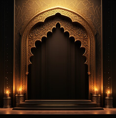 Luxurious Ramadan celebration with an Islamic architecture background in a light black and bronze style. Featuring luxurious wall hangings, light beige and yellow accents, charismatic elements, award-