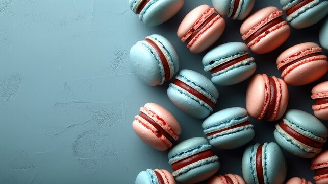 a group of macaroons with red and blue frosting on top of each macaroni