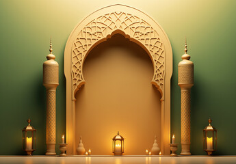 Luxurious Ramadan celebration with an Islamic architecture background in a light black and bronze style. Featuring luxurious wall hangings, light beige and yellow accents, charismatic elements, award-