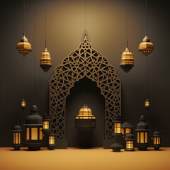 Luxurious Ramadan celebration with an Islamic architecture background in a light black and bronze style. Featuring luxurious wall hangings, light beige and yellow accents, charismatic elements, award-