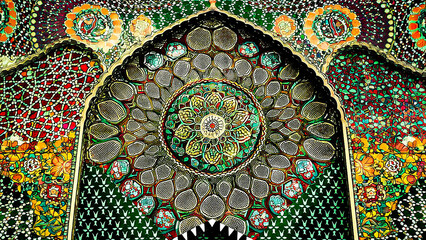 A stunning photo of a vibrant Islamic mosaic background, featuring a variety of geometric and floral patterns in rich, saturated colors