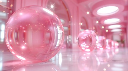 a group of shiny pink balls sitting on top of a white floor in a pink room with lights on the ceiling.