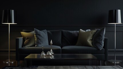 interior design black with sofa and pillows