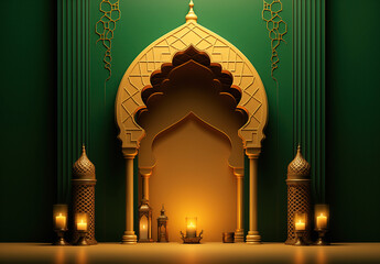 Luxurious Ramadan celebration with an Islamic architecture background in a light black and bronze style. Featuring luxurious wall hangings, light beige and yellow accents, charismatic elements, award-