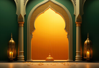 Luxurious Ramadan celebration with an Islamic architecture background in a light black and bronze style. Featuring luxurious wall hangings, light beige and yellow accents, charismatic elements, award-