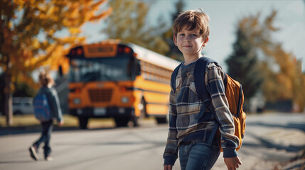 A Caucasian male schoolboy carrying a backpack is traveling on a school bus.