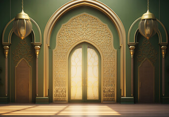 Luxurious Ramadan celebration with an Islamic architecture background in a light black and bronze style. Featuring luxurious wall hangings, light beige and yellow accents, charismatic elements, award-