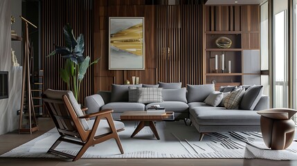 Fototapeta na wymiar interior design living room with gray colored furniture and wooden elements