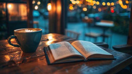 As you sit in the cozy coffee shop, sipping on your latte, you can't help but get lost in the pages of your book. The warm, dim lighting and the aroma of freshly brewed coffee only add to the immersiv - obrazy, fototapety, plakaty