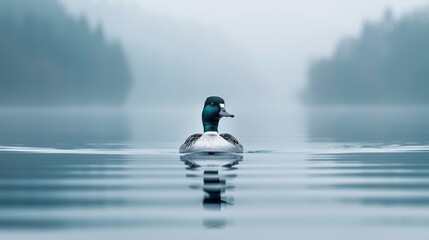  a duck floating on top of a lake on a foggy day in the middle of a lake with trees in the background.