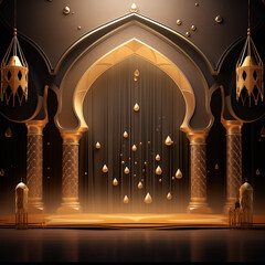 Luxurious Ramadan celebration with an Islamic architecture background in a light black and bronze style. Featuring luxurious wall hangings, light beige and yellow accents, charismatic elements, award-