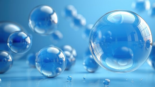 a bunch of soap bubbles floating in the air on a blue and blue background with a reflection of the bubbles in the water.