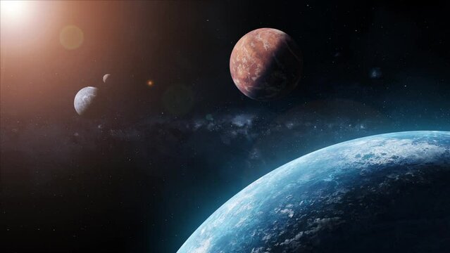 3D planets rotates in space among stars. Cosmic 3D animation.