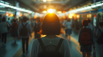 Woman in Subway During Rush Hour in a Japanese-inspired Train Station