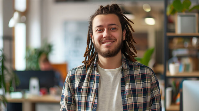 Caucasian male designer wearing casual clothes working in the office.