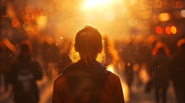 Girl Gazing at Sunset Amongst City Crowd in Warm Hues
