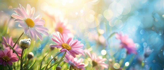 Fototapeta na wymiar Springtime Splendor, Flowers Against a Dreamy Sky Background with Abstract Defocused Light