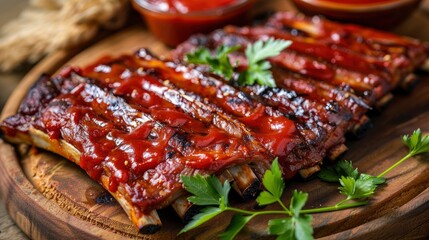 BBQ ribs beef and ketchup on the cutting board