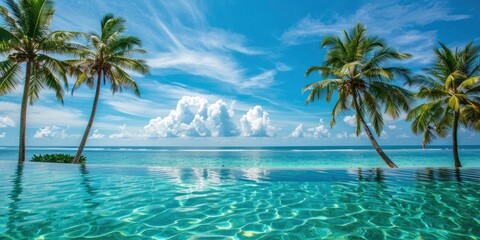 Tropical Paradise. Island Palm Trees, Swimming Pools, and Sunshine on a Perfect Sunny Day.