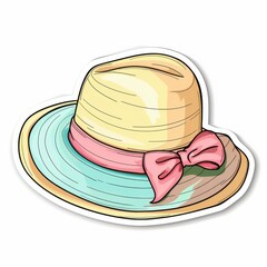 Straw hat for vacation or beach, delicate color, multicolored, pastel tone.   3d sticker.