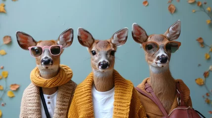 Foto op Plexiglas three deer wearing sweaters and sunglasses standing next to each other in front of a wall with leaves on it. © Shanti