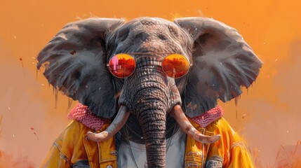 a painting of an elephant with sunglasses on it's head and a yellow jacket over it's shoulders.
