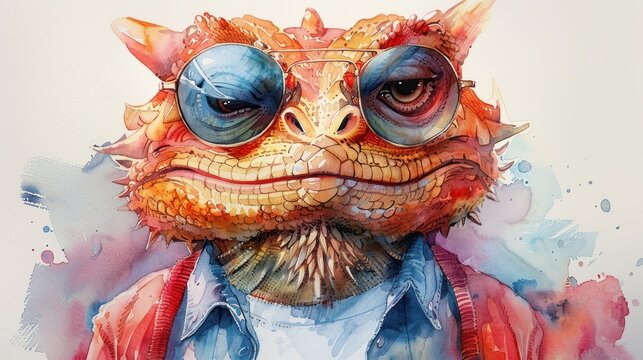 a close up of a painting of a lizard wearing glasses and a red jacket with a white shirt underneath it.
