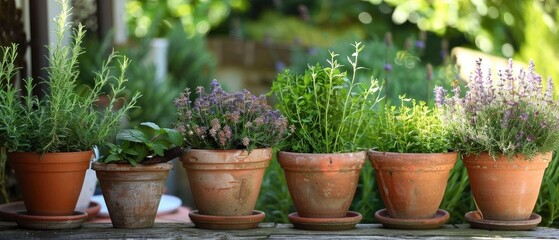 Herbal Haven. Creating a Garden Oasis by Arranging Herbs in Rustic Terracotta Pots.