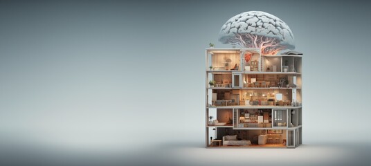 Maison d'habitation et intelligence artificielle, un cerveau artificiel au sommet d'une maison, image avec espace pour texte.
